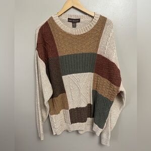 Liberty Sweaters Patchwork LS Sweater Men's Large Brown Green eclectic grandpa